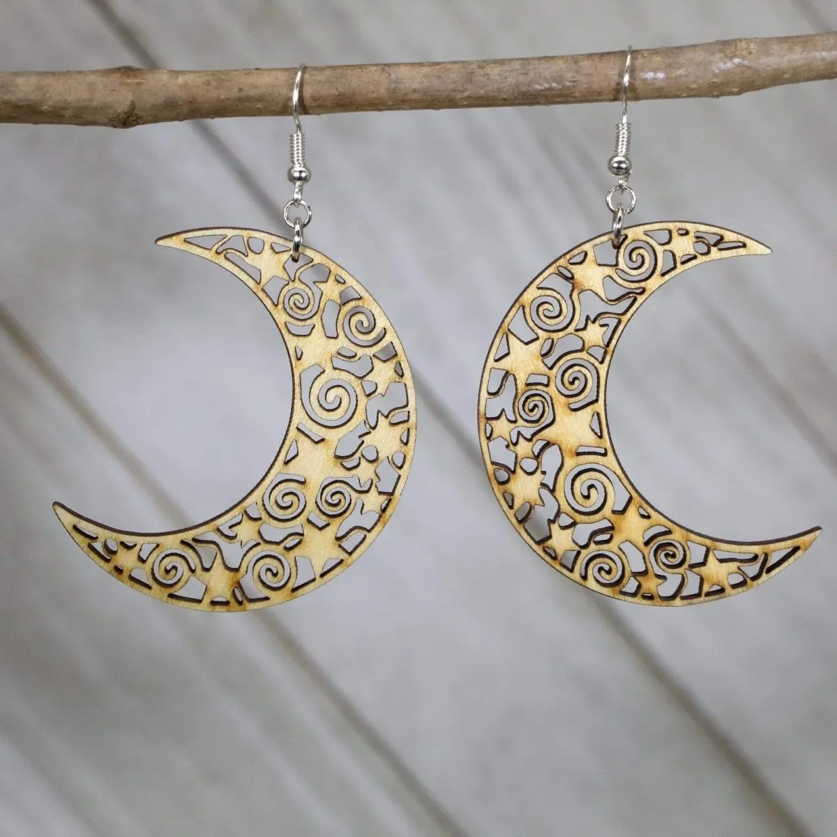 Crescent Moon Wooden Dangle Earrings by Cate's Concepts, LLC