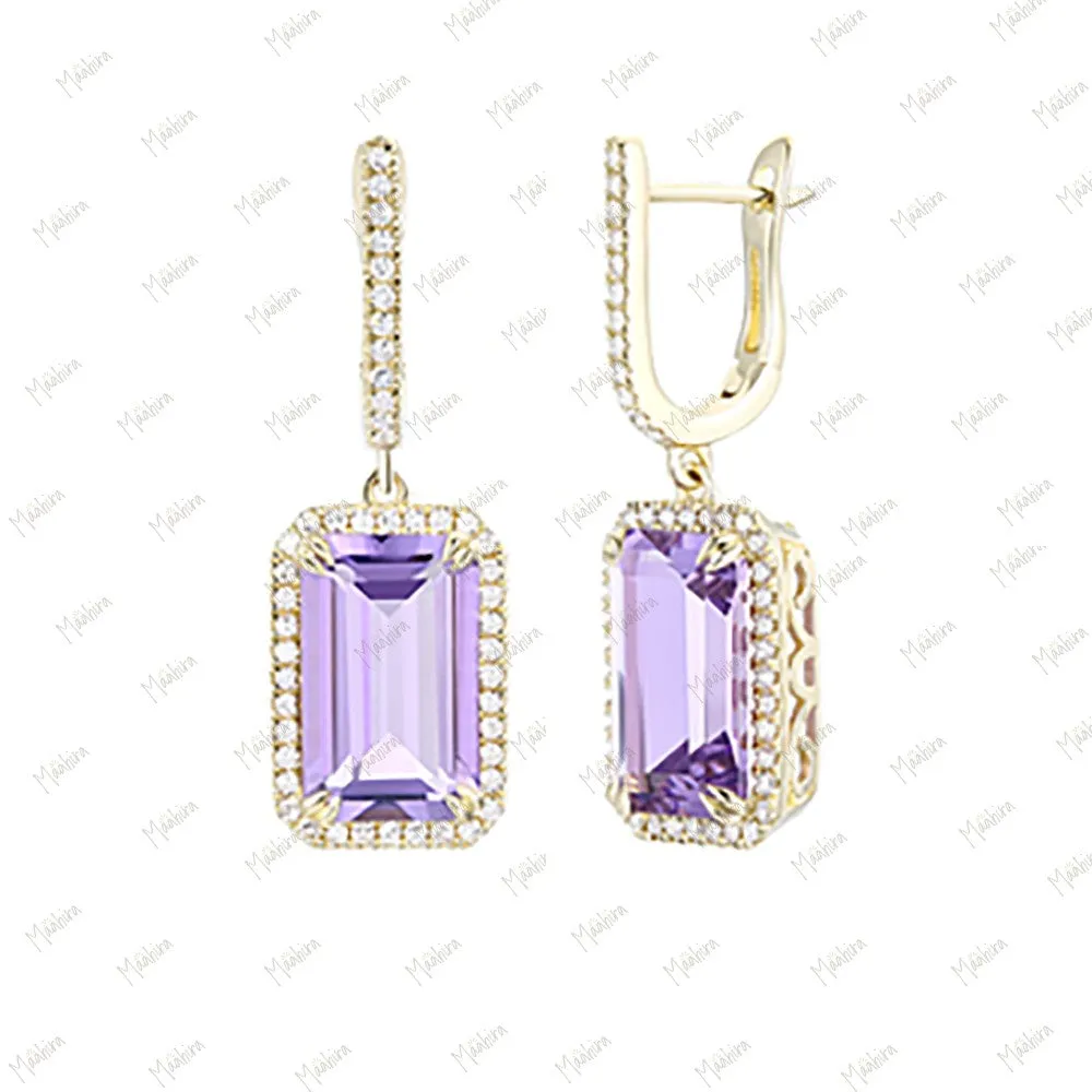 Diamond & Amethyst Dangling Earrings 11.5x9.8mm