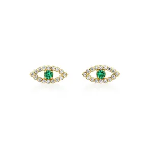 Diamond Mini Open Evil Eye Studs with Emerald Center