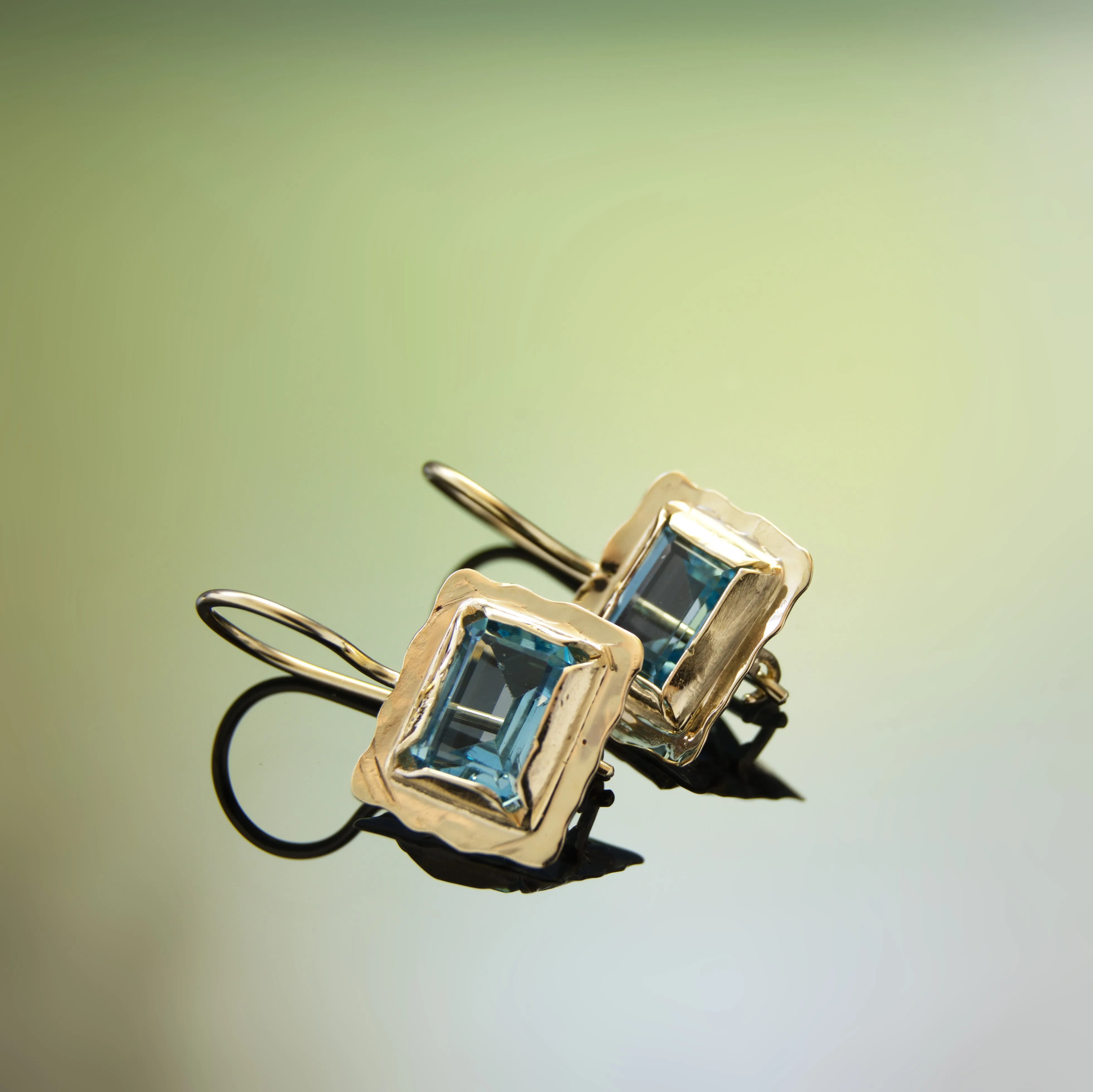 EG0781B Textured Gold Square Earrings with Blue Topaz