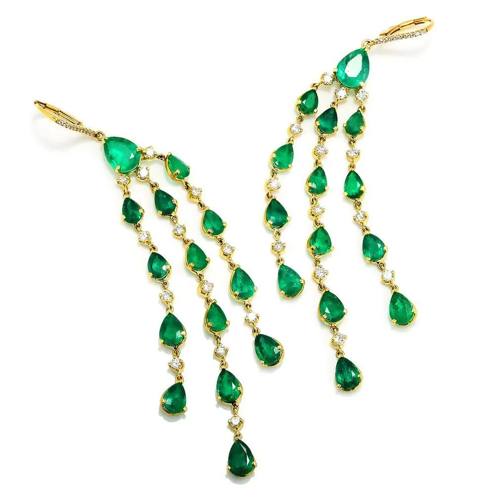 Emerald Chandelier Earrings with Diamonds 18K Yellow Gold