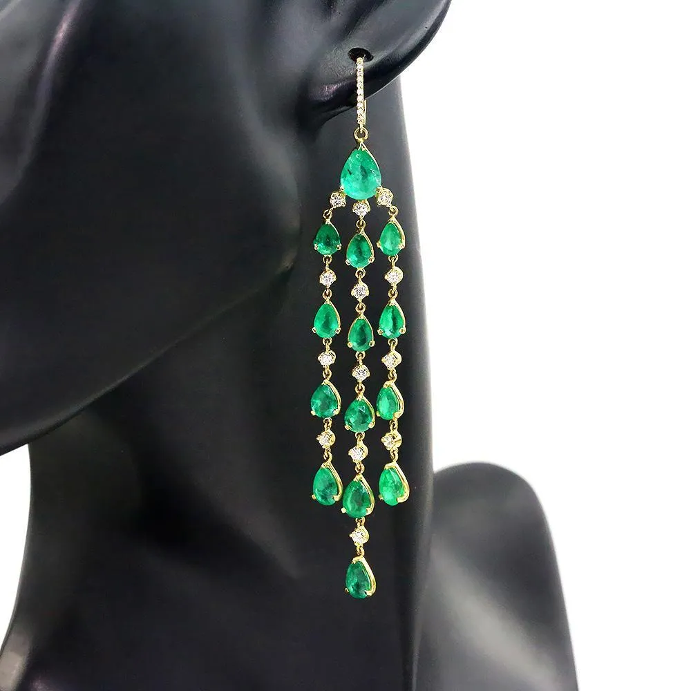 Emerald Chandelier Earrings with Diamonds 18K Yellow Gold
