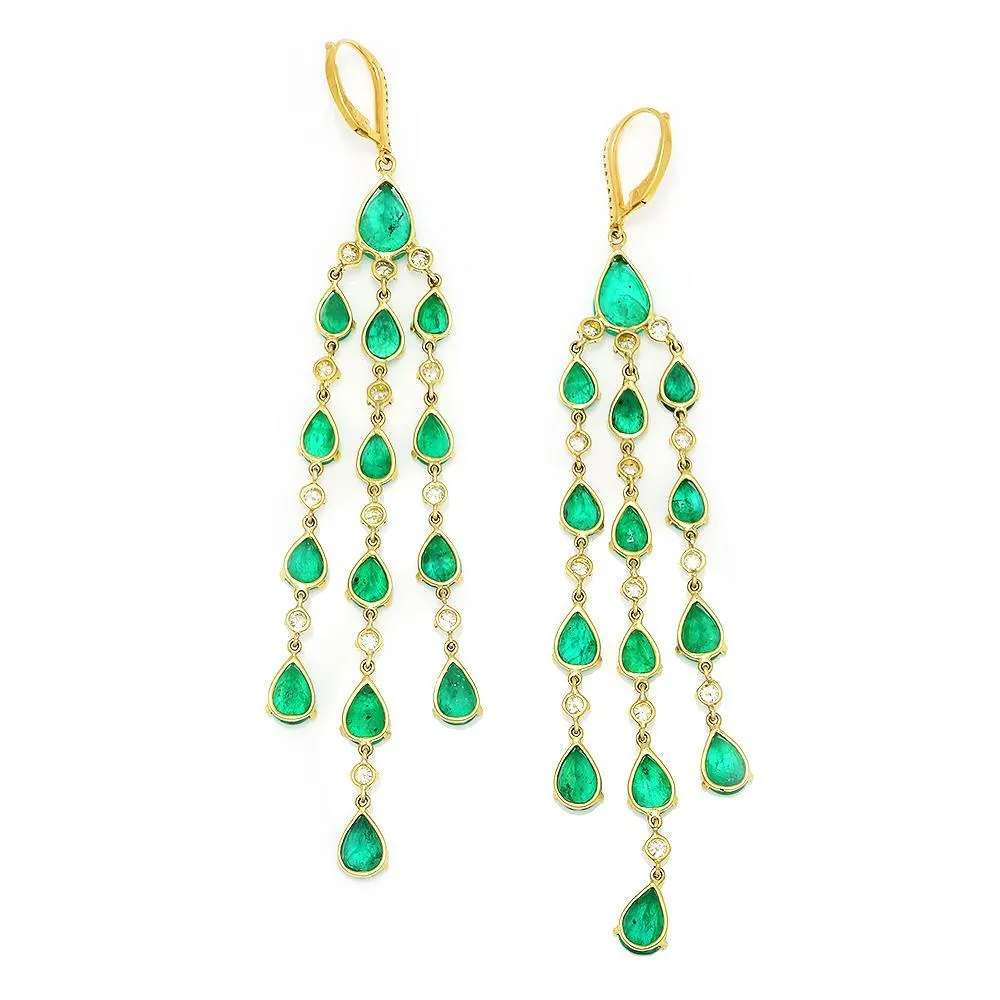 Emerald Chandelier Earrings with Diamonds 18K Yellow Gold