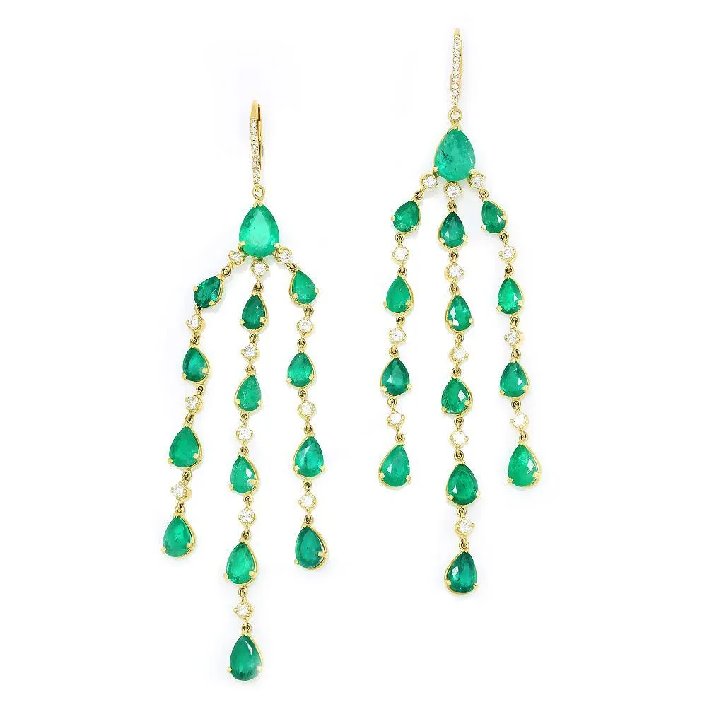 Emerald Chandelier Earrings with Diamonds 18K Yellow Gold