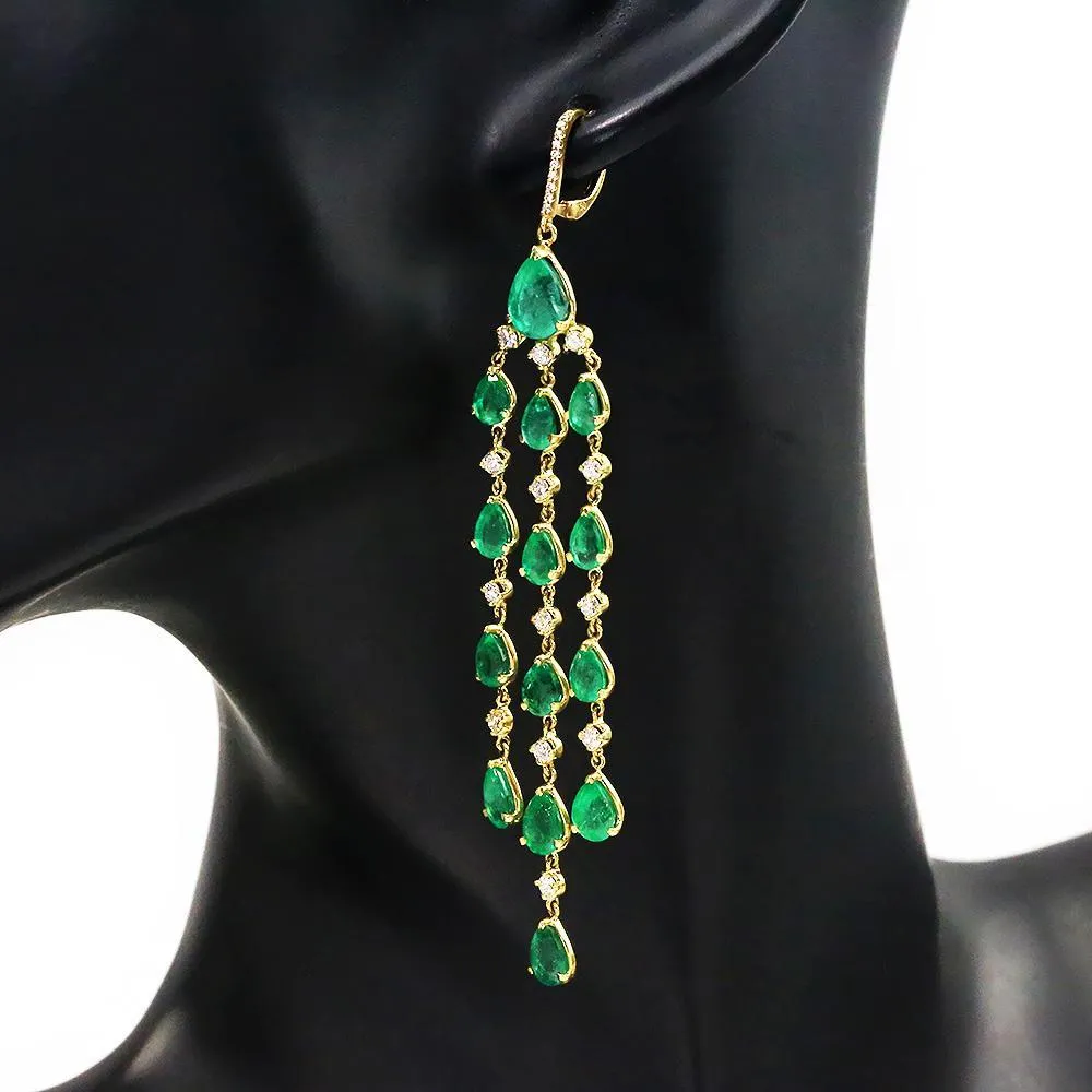 Emerald Chandelier Earrings with Diamonds 18K Yellow Gold