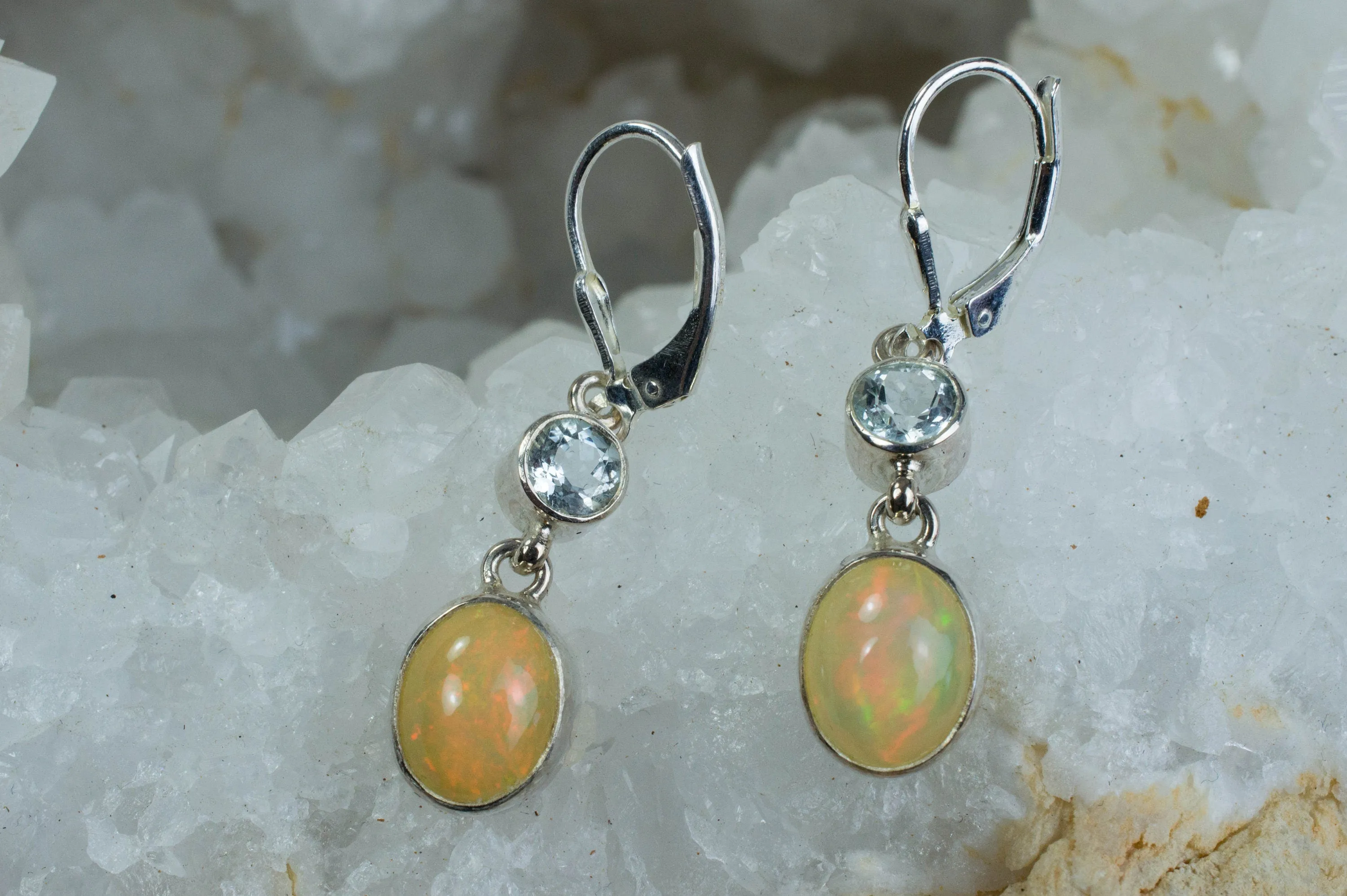 Ethiopian Welo Opal Sterling Silver Earrings; Genuine Untreated Ethiopian Opals; Silver Topaz Earrings