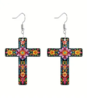 Flower Print Acrylic Cross Earrings - A Harmonious Blend of Style and Grace