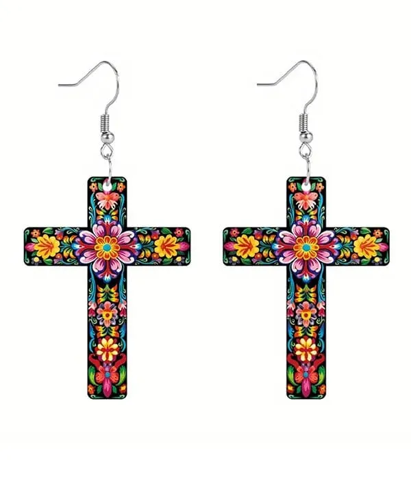 Flower Print Acrylic Cross Earrings - A Harmonious Blend of Style and Grace