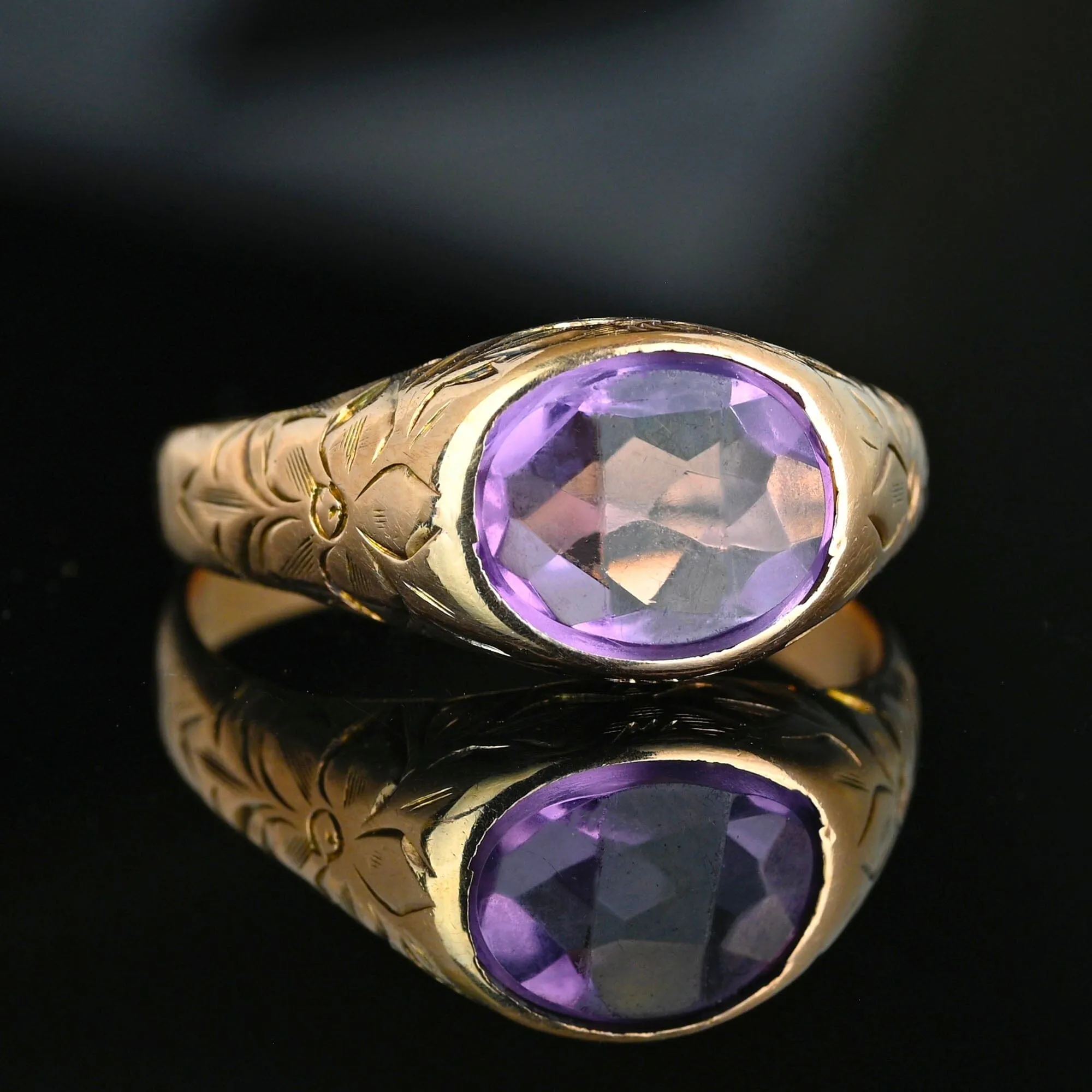 Forget Me Not Engraved Gold Amethyst Signet Ring, Sz 9.75