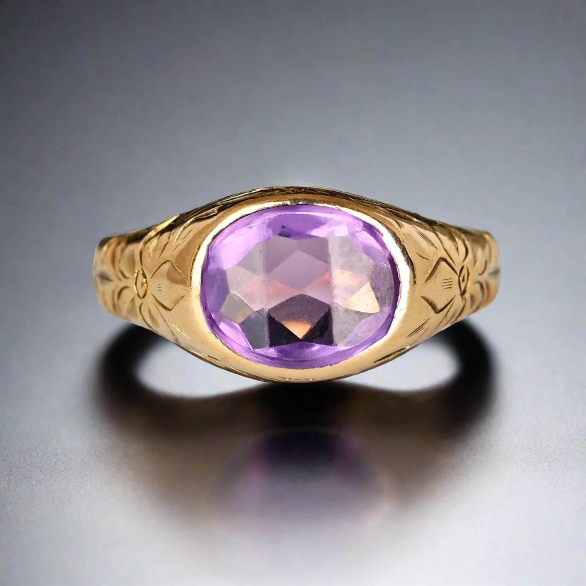 Forget Me Not Engraved Gold Amethyst Signet Ring, Sz 9.75