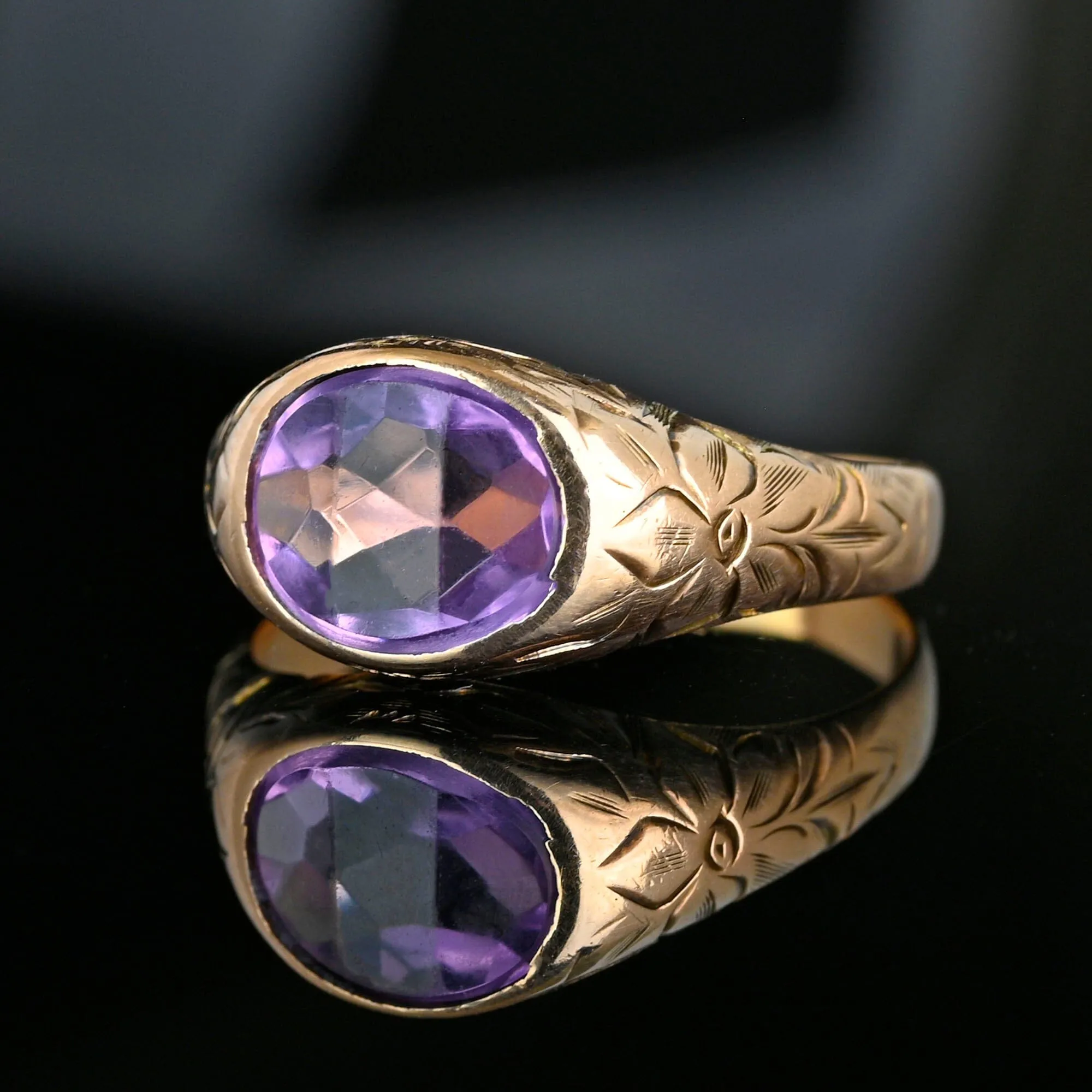 Forget Me Not Engraved Gold Amethyst Signet Ring, Sz 9.75
