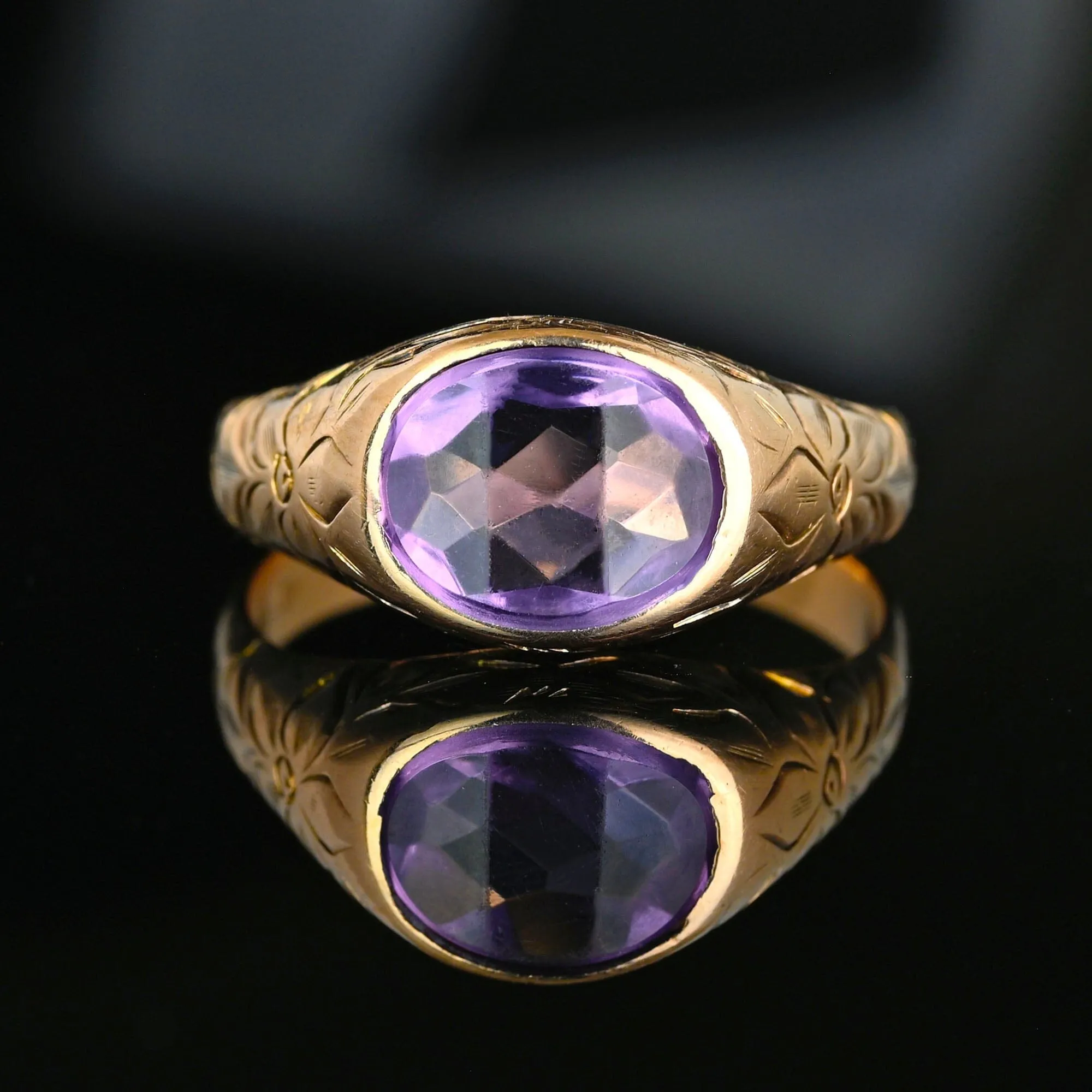 Forget Me Not Engraved Gold Amethyst Signet Ring, Sz 9.75