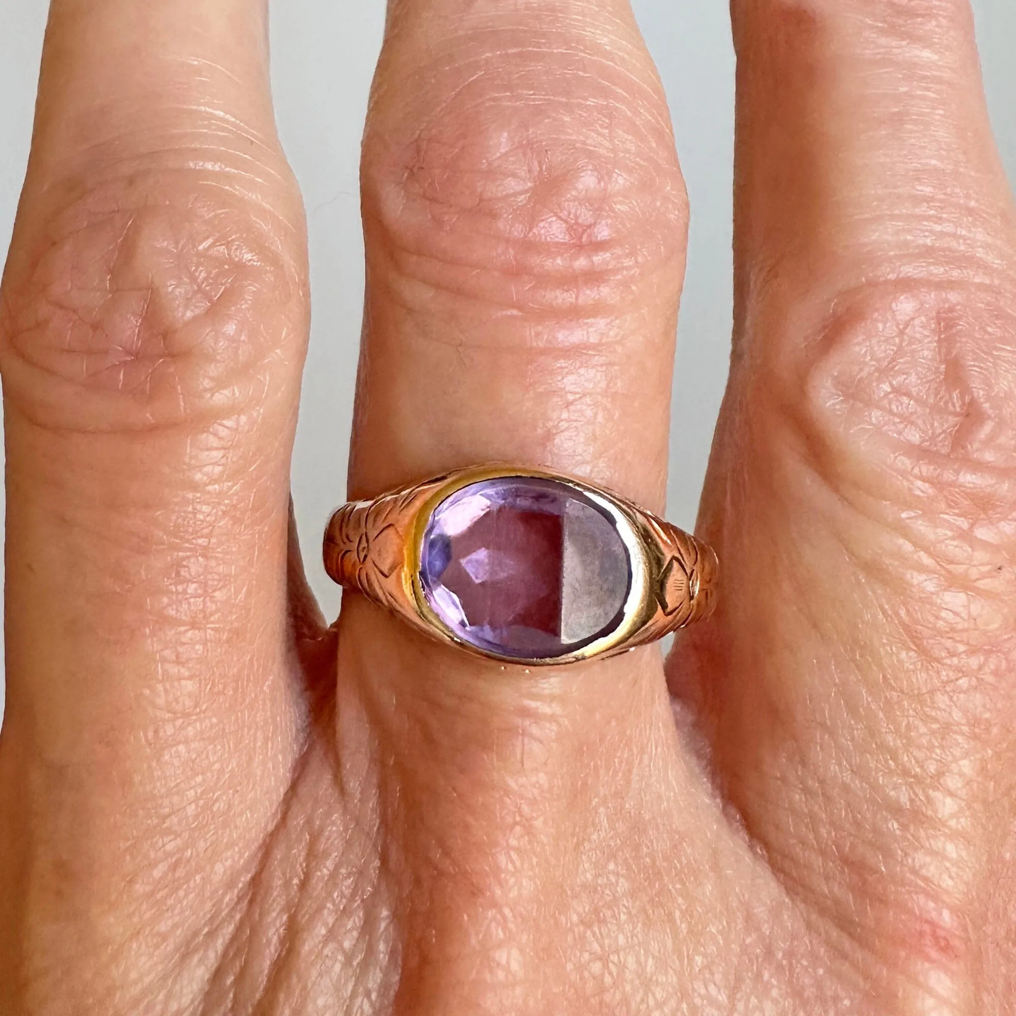 Forget Me Not Engraved Gold Amethyst Signet Ring, Sz 9.75