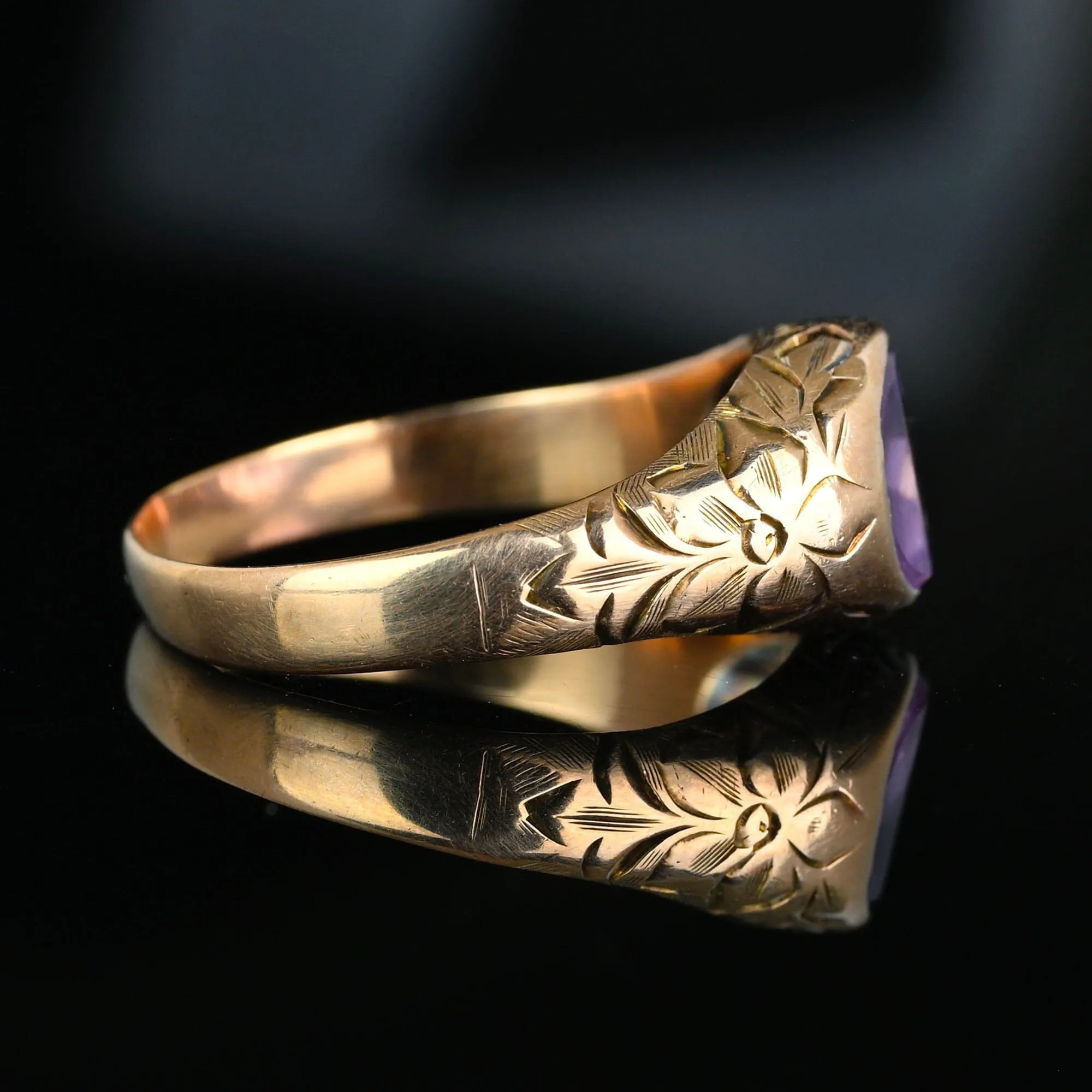 Forget Me Not Engraved Gold Amethyst Signet Ring, Sz 9.75