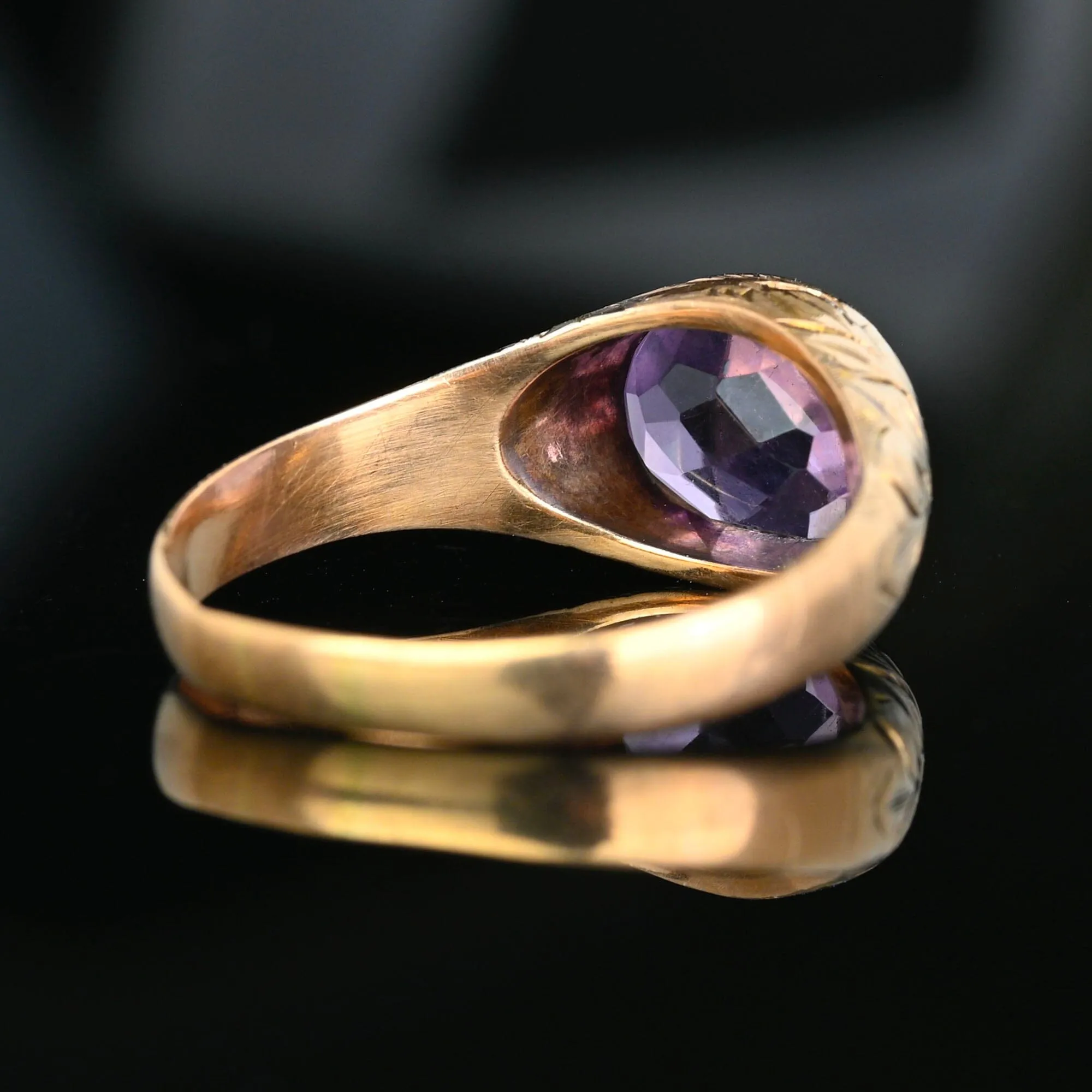 Forget Me Not Engraved Gold Amethyst Signet Ring, Sz 9.75