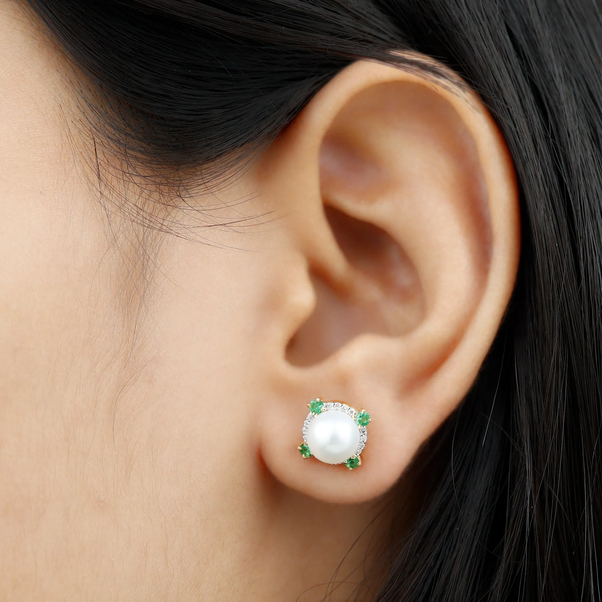 Freshwater Pearl Diamond Halo Stud Earrings with Created Emerald