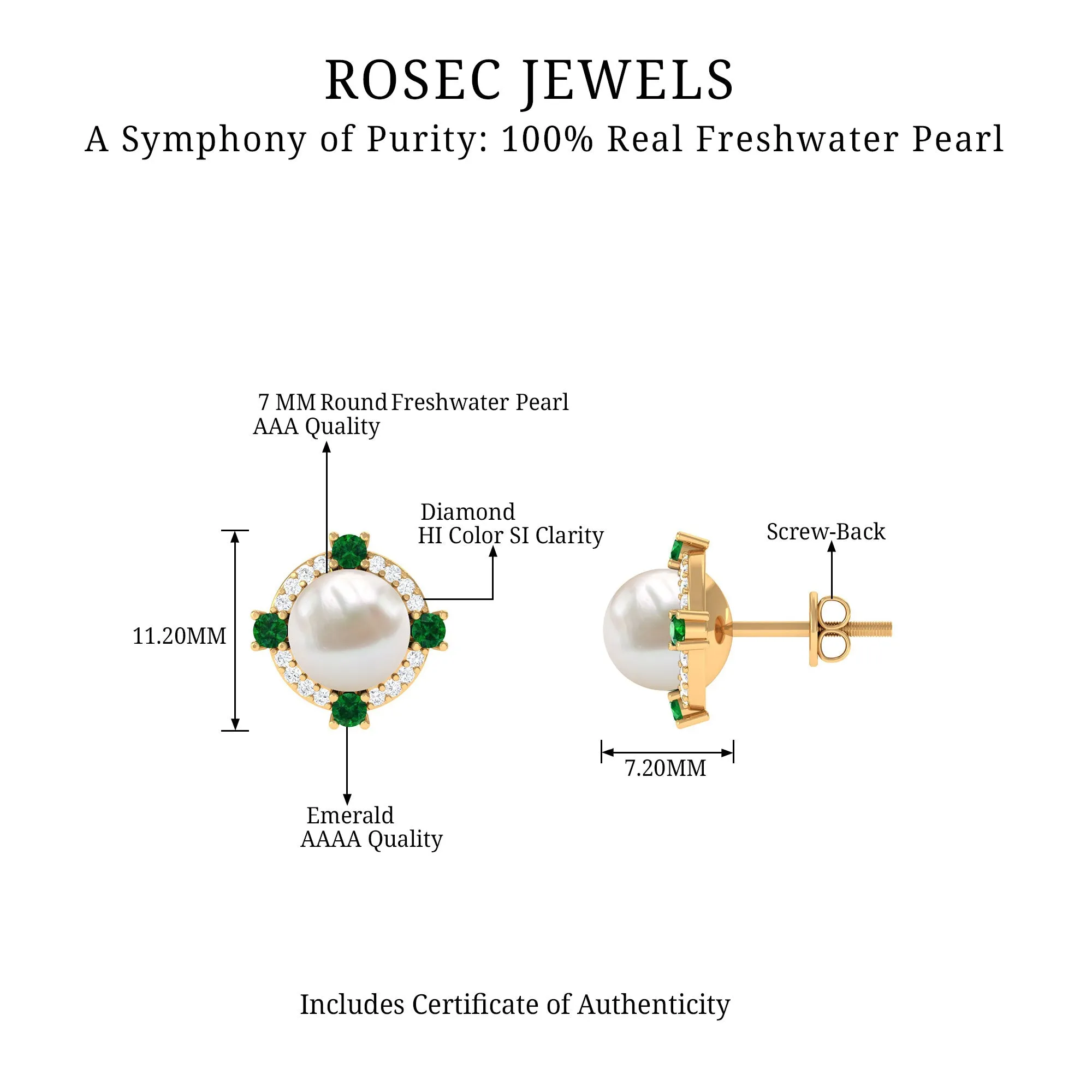 Freshwater Pearl Diamond Halo Stud Earrings with Created Emerald