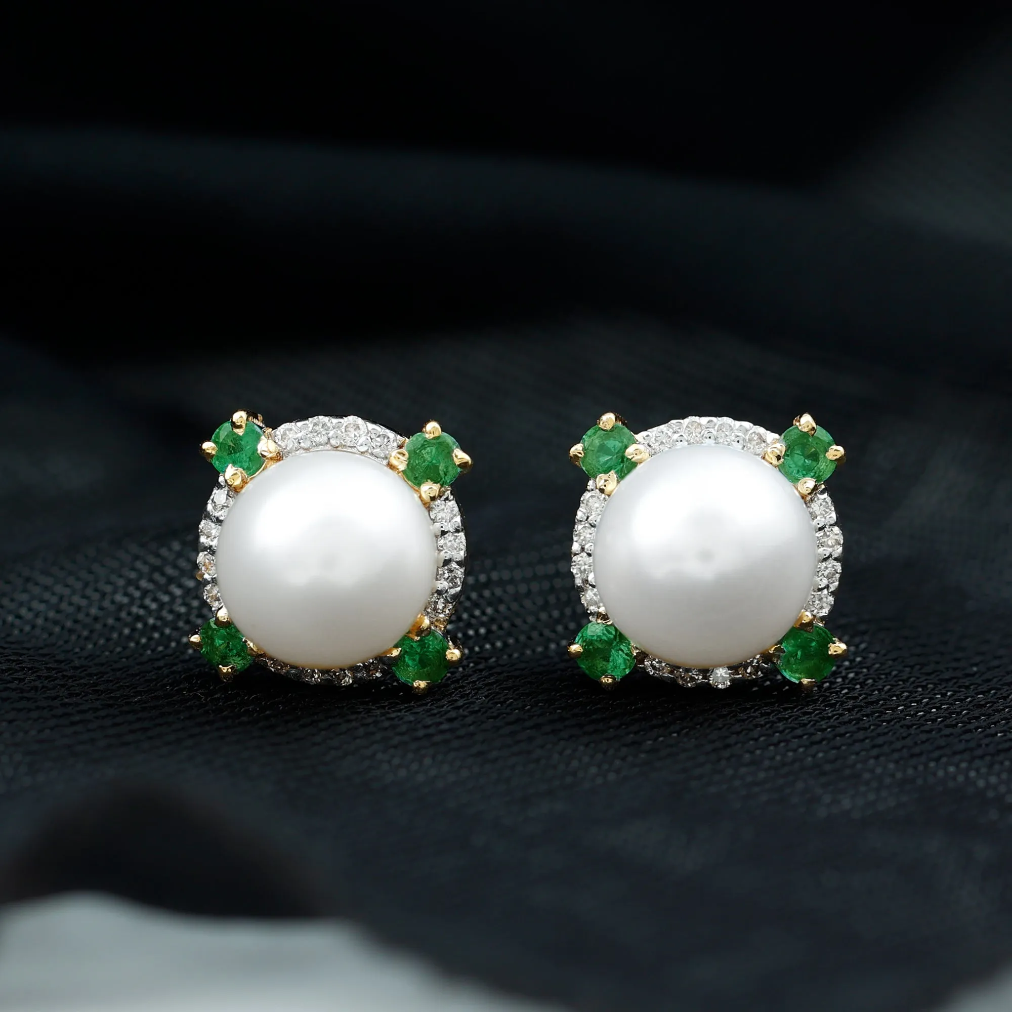 Freshwater Pearl Diamond Halo Stud Earrings with Created Emerald