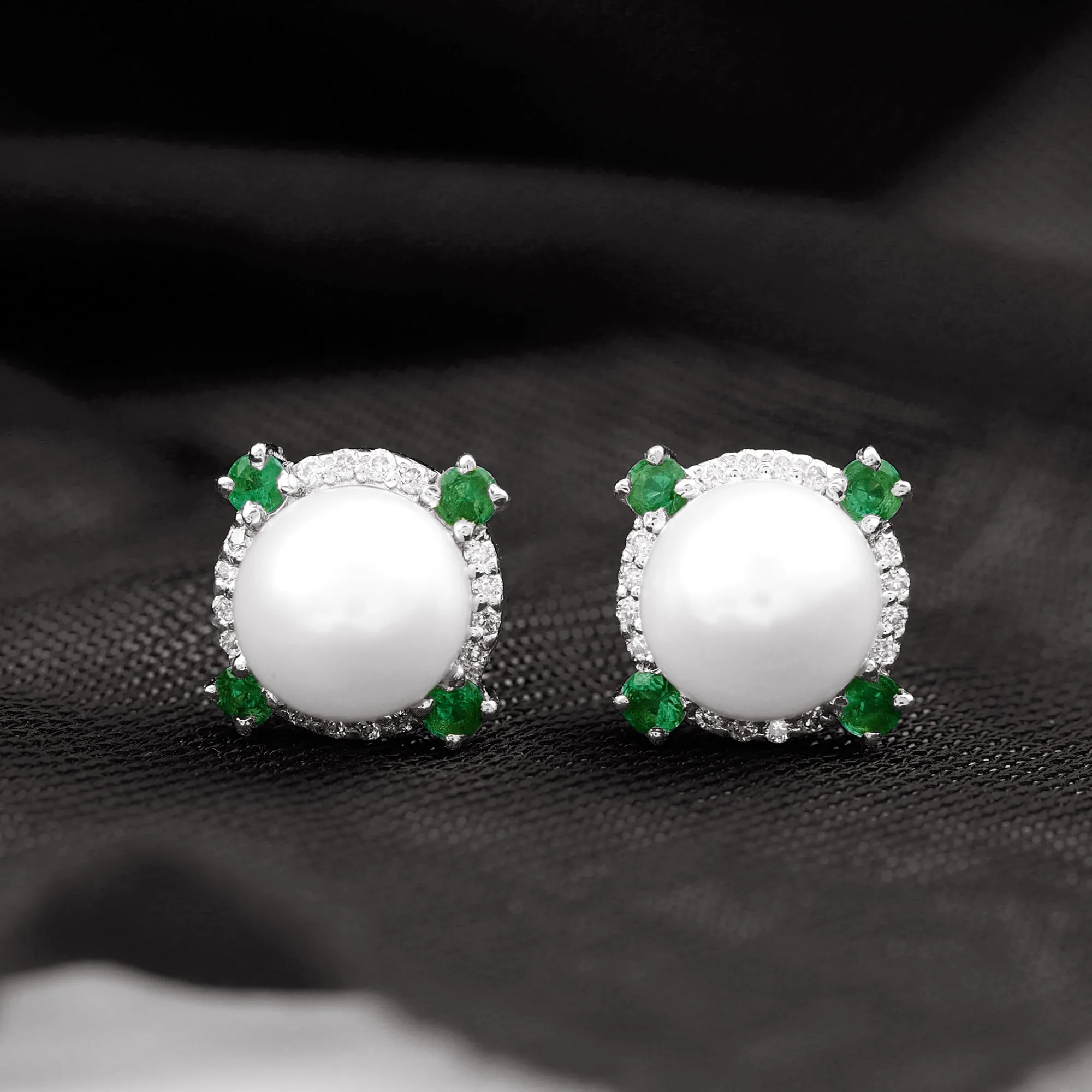 Freshwater Pearl Diamond Halo Stud Earrings with Created Emerald