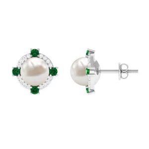 Freshwater Pearl Diamond Halo Stud Earrings with Created Emerald