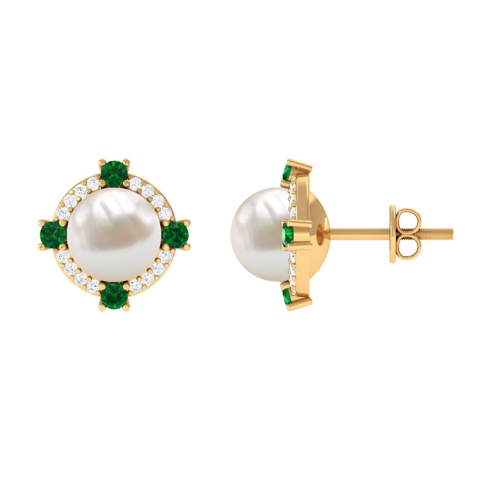 Freshwater Pearl Diamond Halo Stud Earrings with Created Emerald