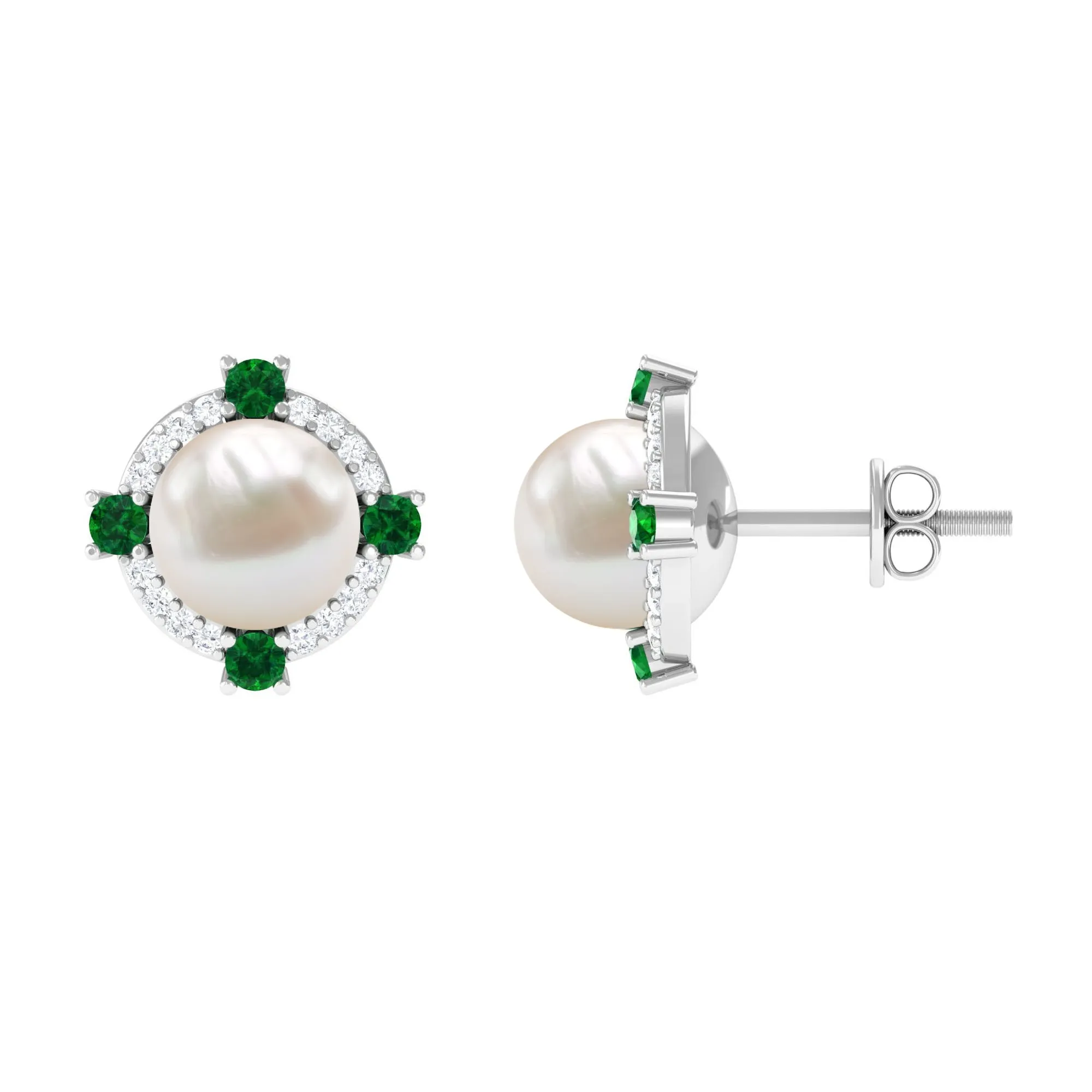Freshwater Pearl Diamond Halo Stud Earrings with Created Emerald