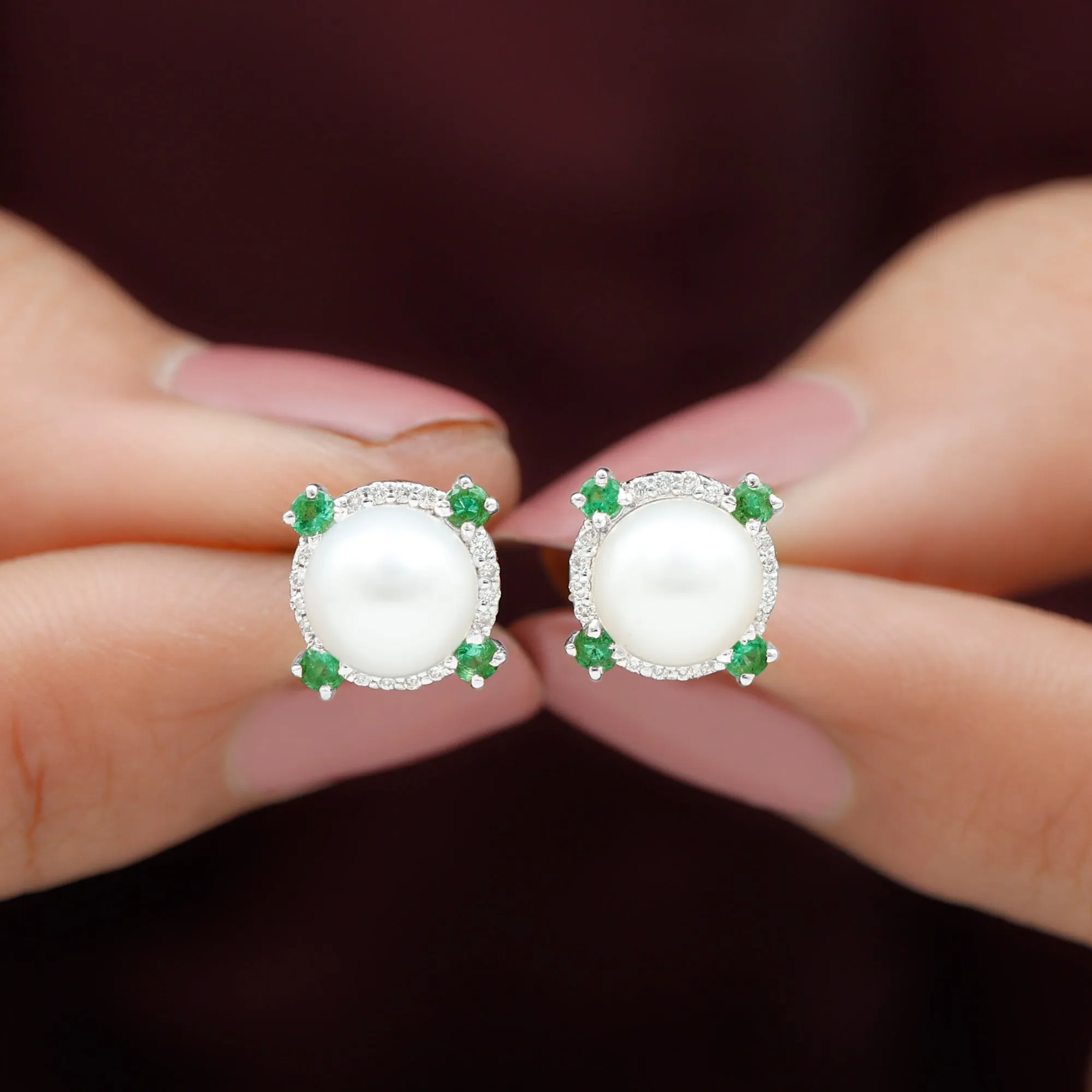 Freshwater Pearl Diamond Halo Stud Earrings with Created Emerald