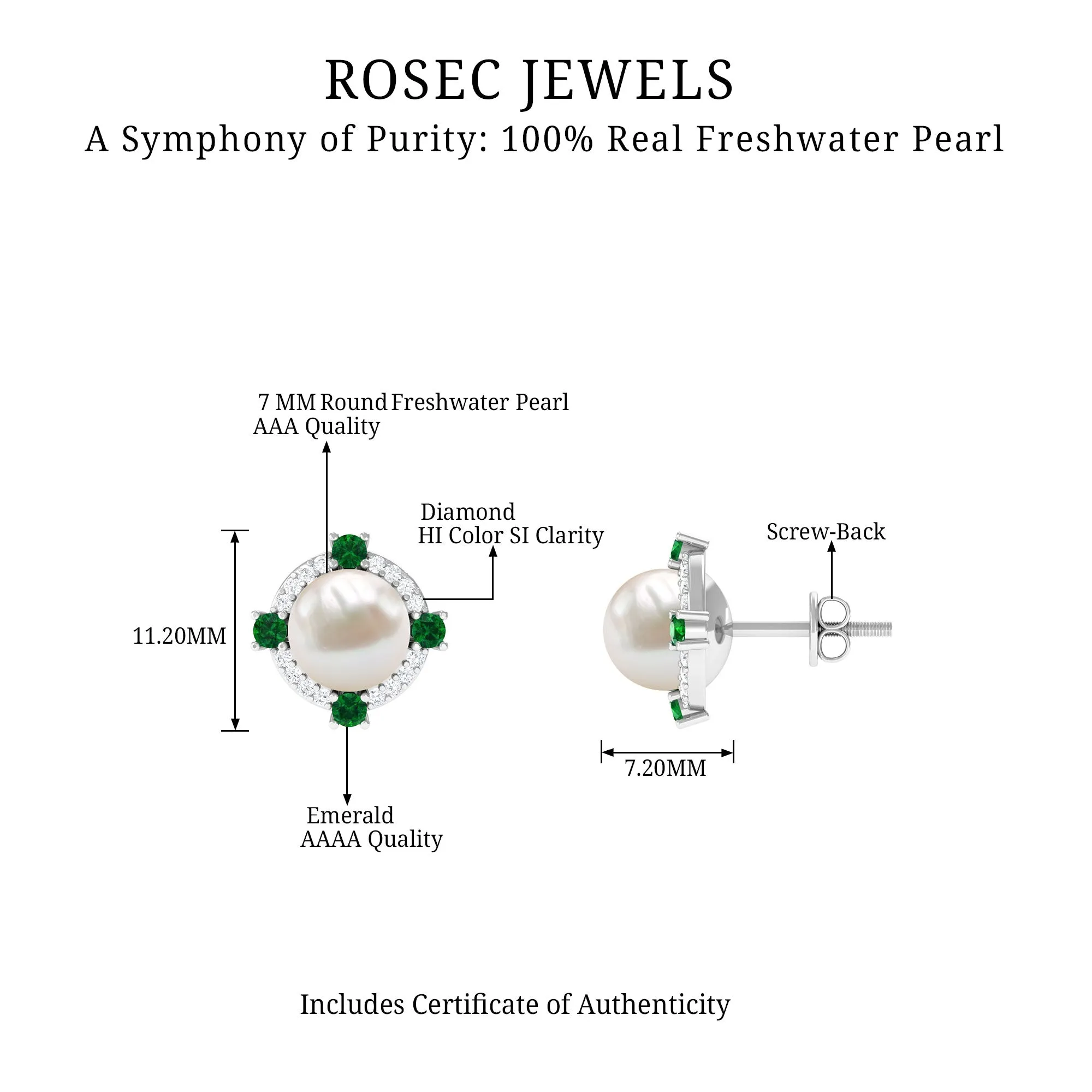 Freshwater Pearl Diamond Halo Stud Earrings with Created Emerald
