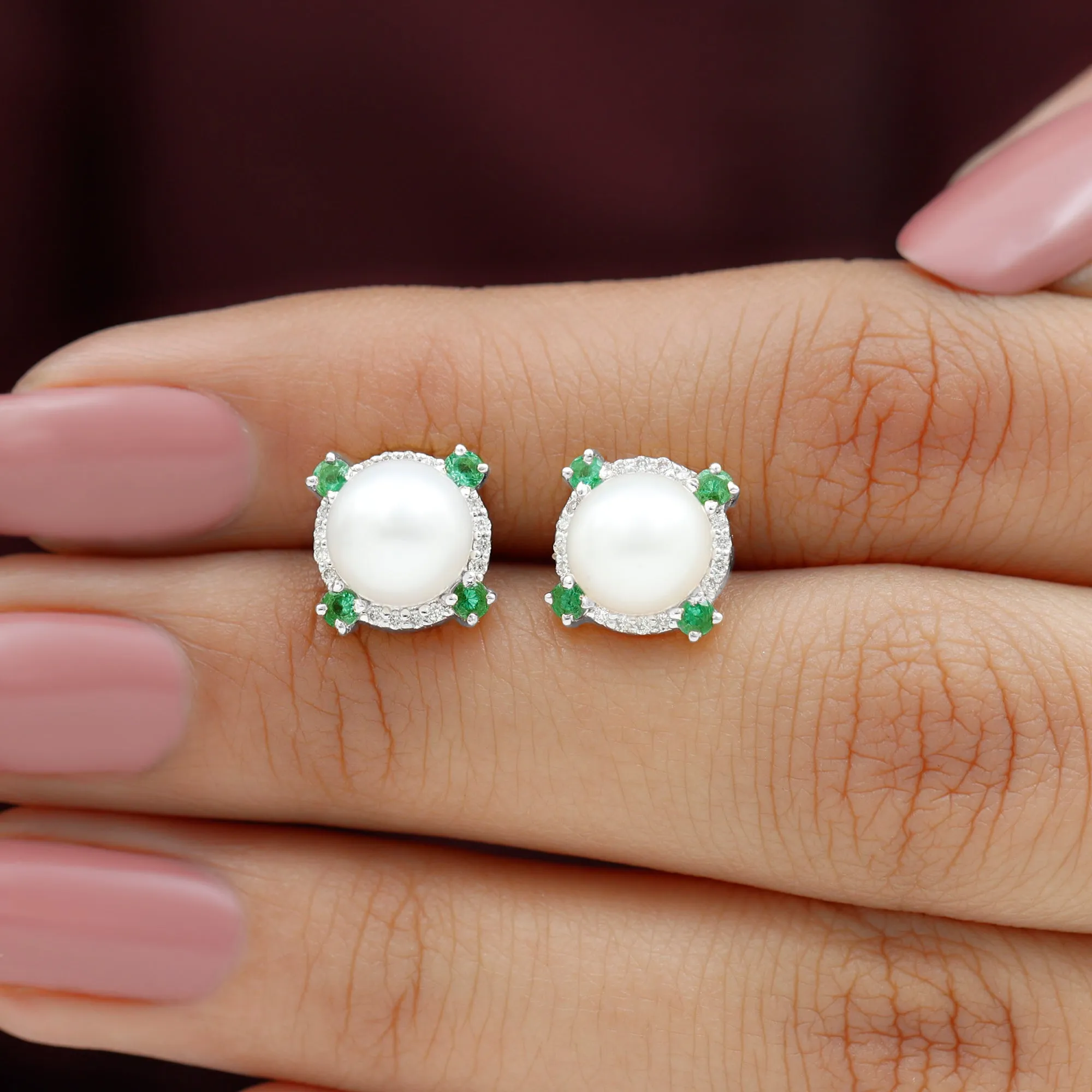 Freshwater Pearl Diamond Halo Stud Earrings with Created Emerald