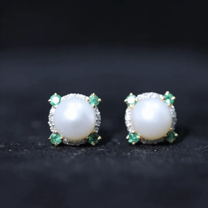 Freshwater Pearl Diamond Halo Stud Earrings with Created Emerald