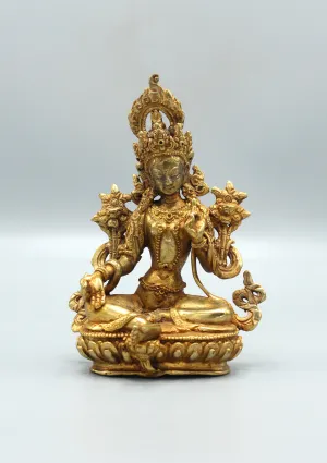 Fully Gold Plated Green Tara Statue 6"
