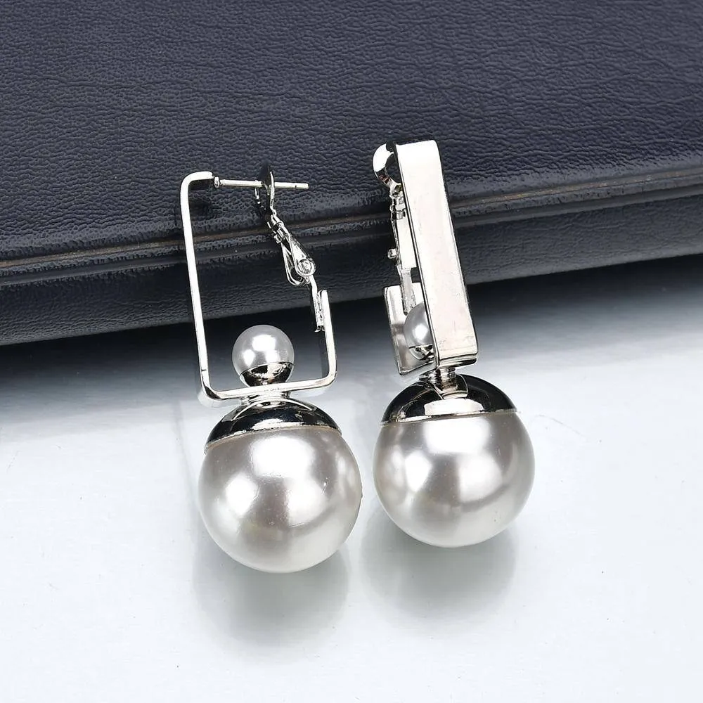 Gold Geometric Double Pearls Dangle Earrings