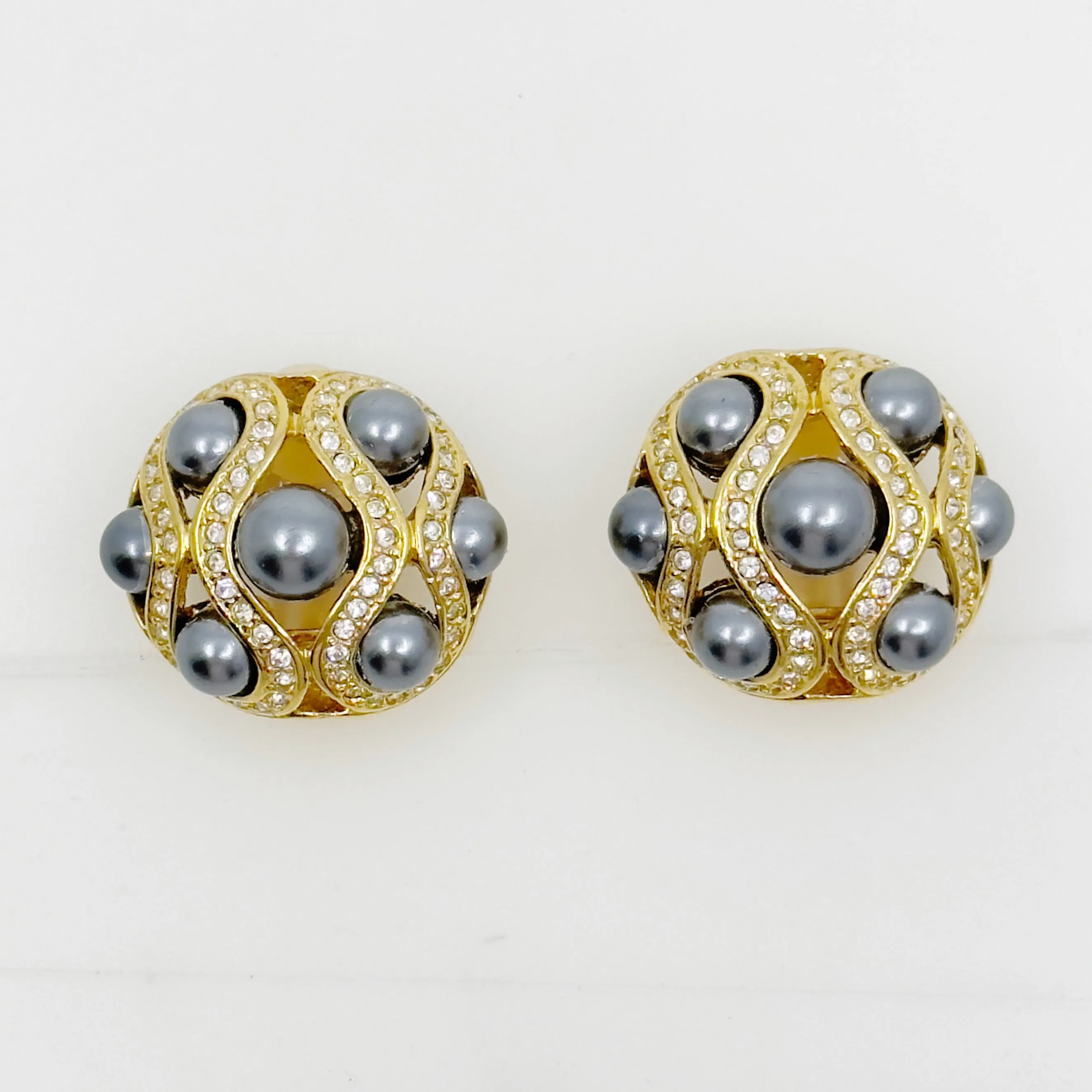 Gold tone pearl & rhinestone clip on earrings