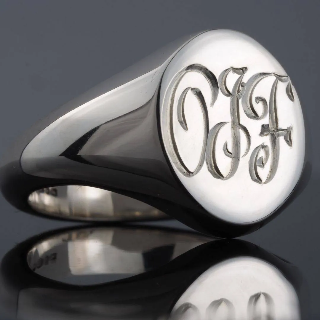 Hand Engraved Silver Oval 13 x 11 Signet Ring