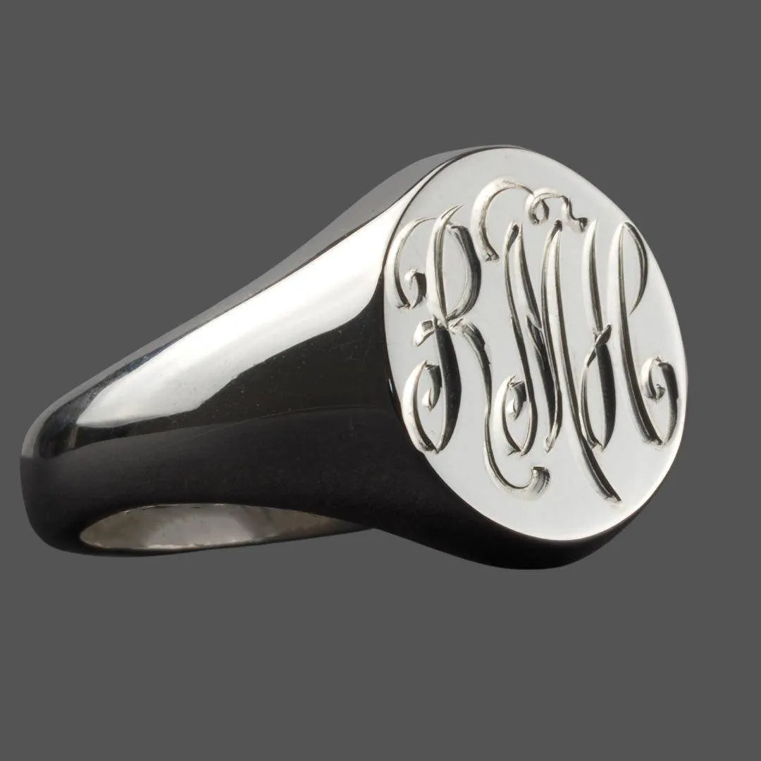 Hand Engraved Silver Oval 13 x 11 Signet Ring