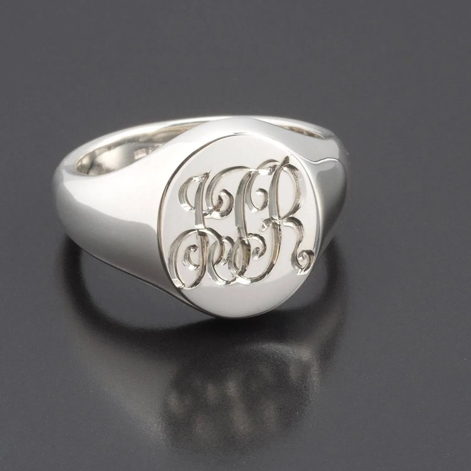 Hand Engraved Silver Oval 13 x 11 Signet Ring