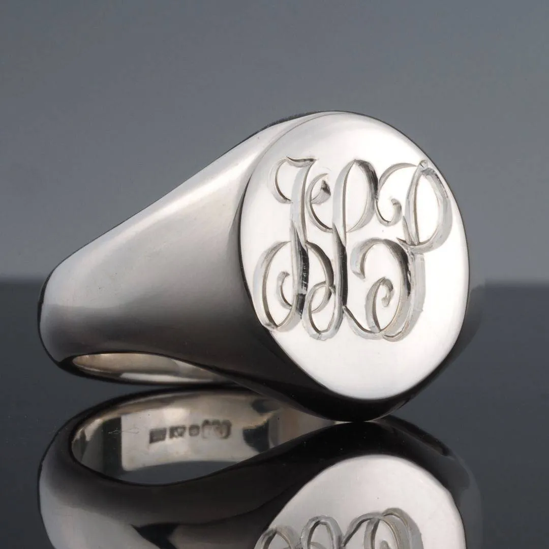 Hand Engraved Silver Oval 13 x 11 Signet Ring