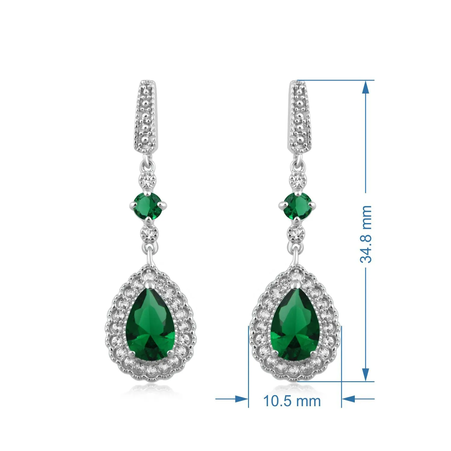 Jewelili Sterling Silver With Pear and Round Simulated Emerald with Created Round White Sapphire Teardrop Drop Earrings