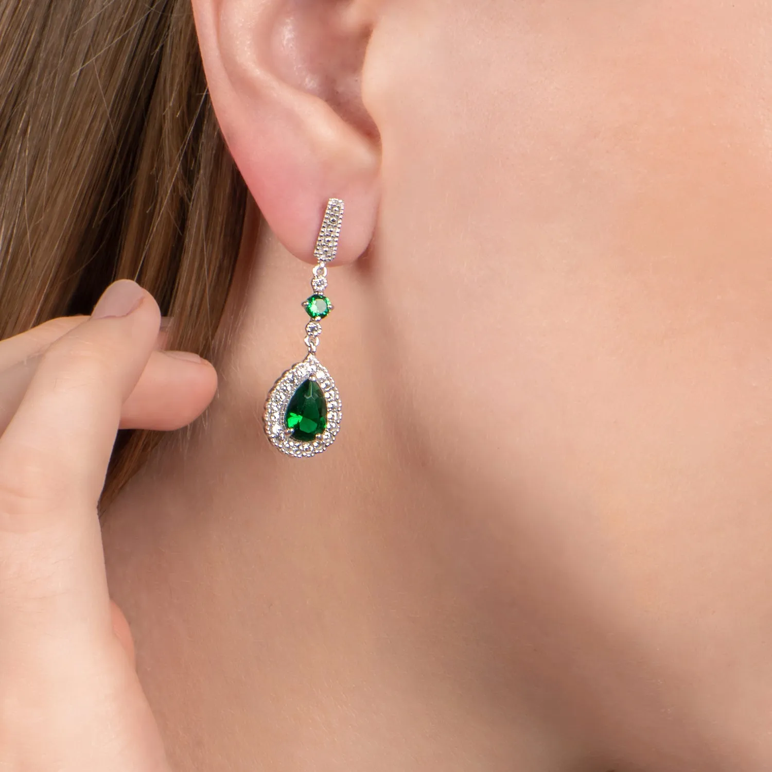 Jewelili Sterling Silver With Pear and Round Simulated Emerald with Created Round White Sapphire Teardrop Drop Earrings