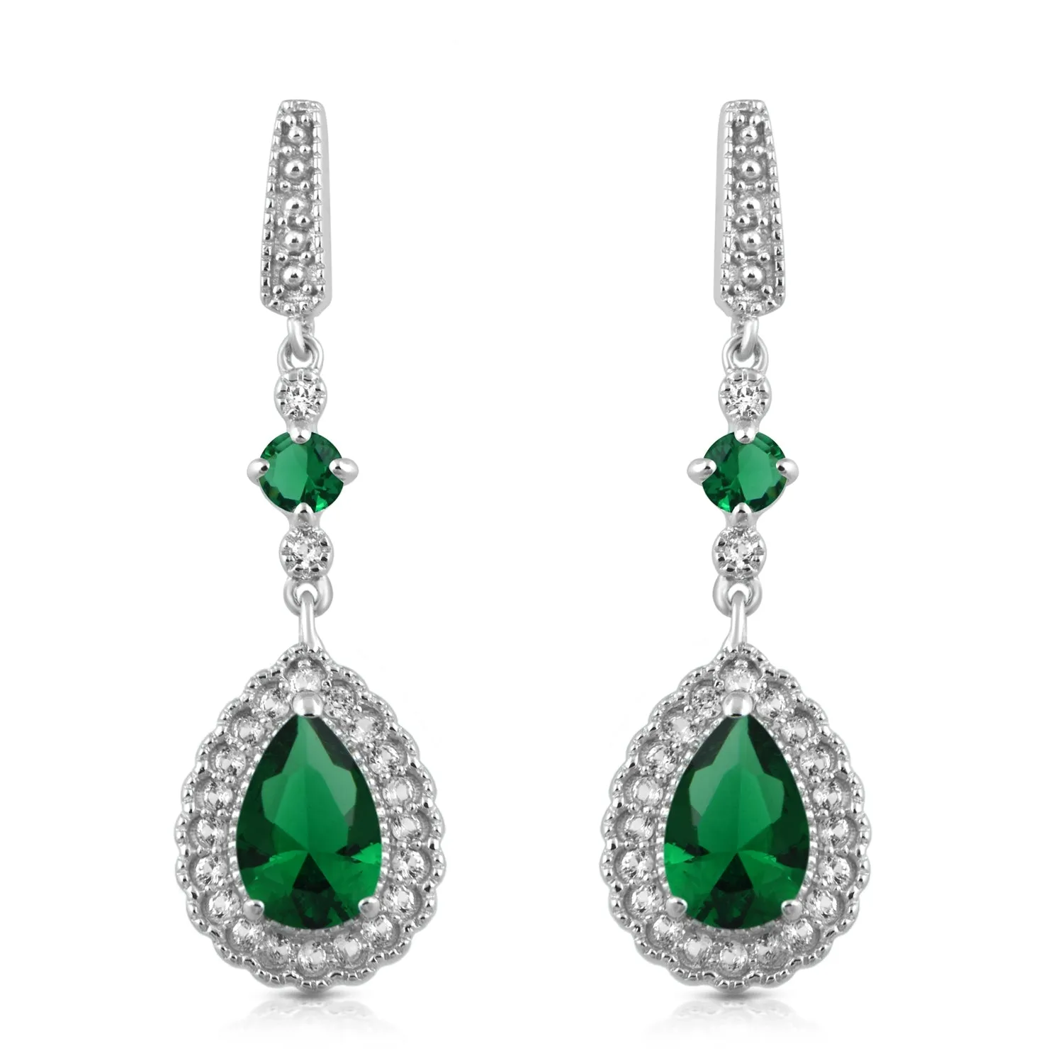 Jewelili Sterling Silver With Pear and Round Simulated Emerald with Created Round White Sapphire Teardrop Drop Earrings