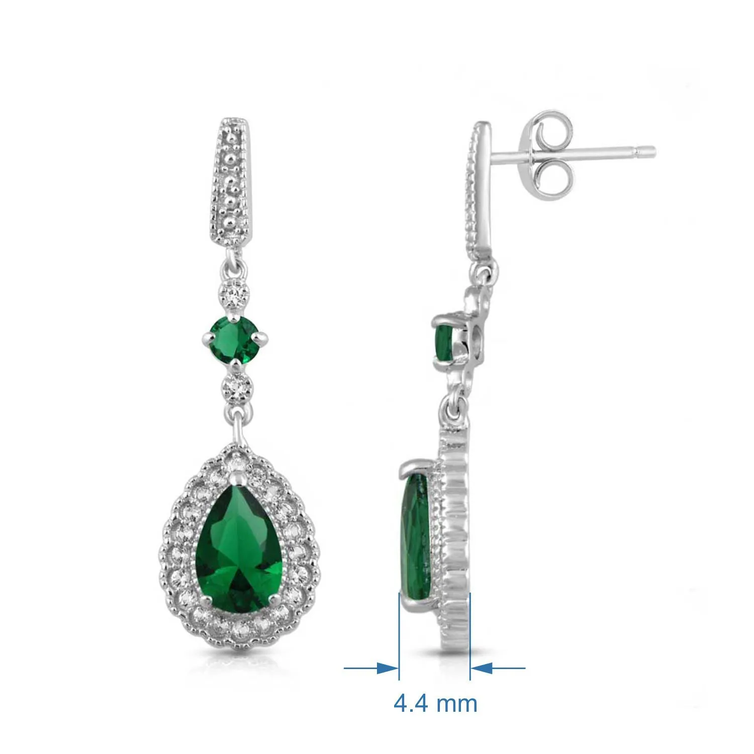 Jewelili Sterling Silver With Pear and Round Simulated Emerald with Created Round White Sapphire Teardrop Drop Earrings