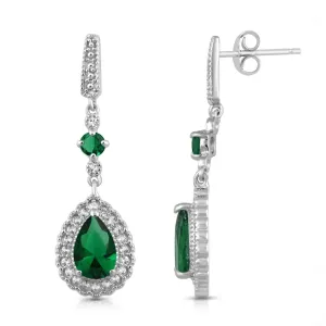Jewelili Sterling Silver With Pear and Round Simulated Emerald with Created Round White Sapphire Teardrop Drop Earrings
