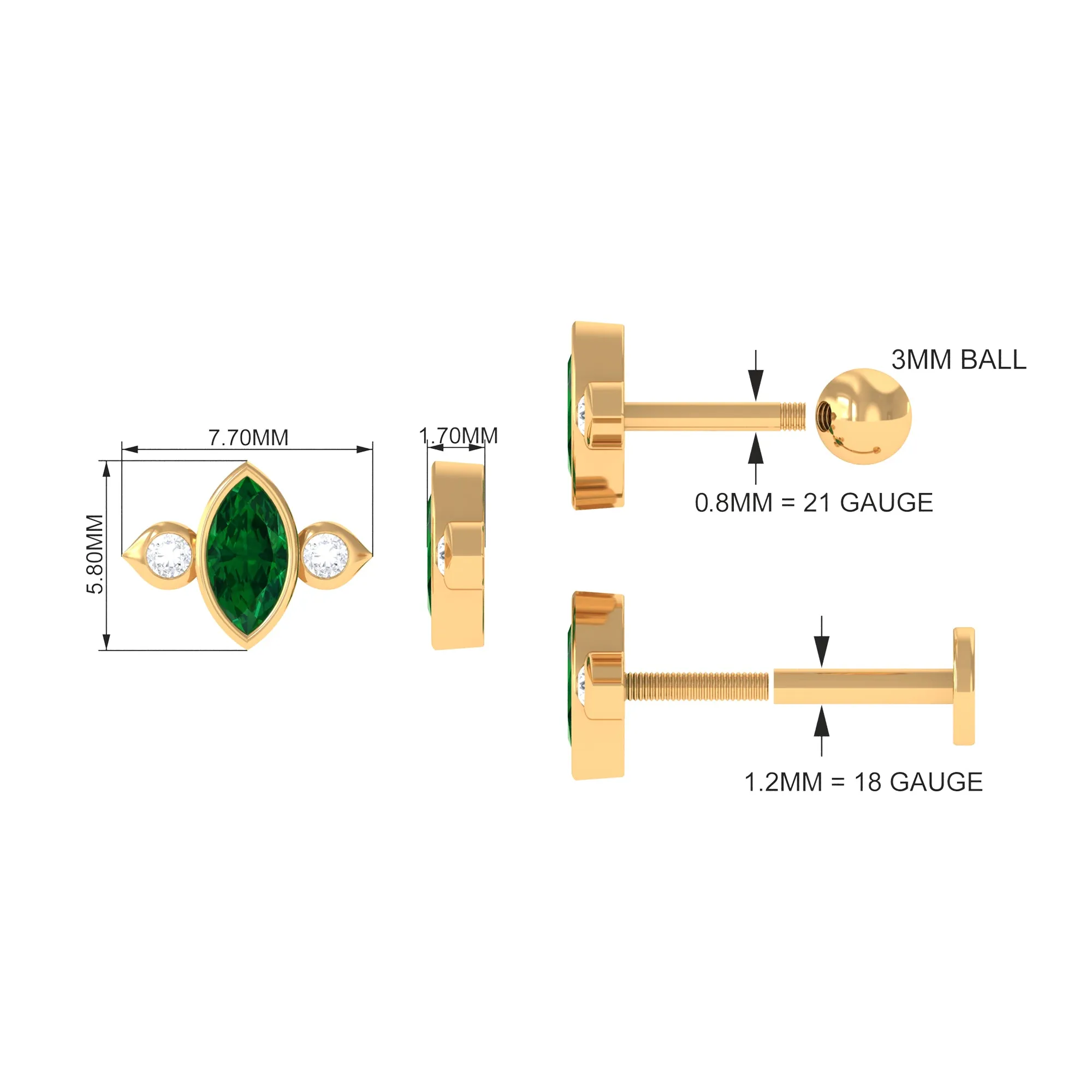 Marquise Emerald and Moissanite Cartilage Earring in Gold