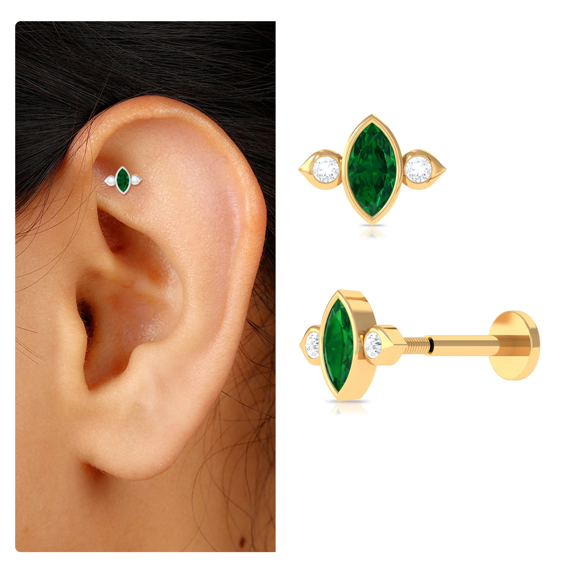 Marquise Emerald and Moissanite Cartilage Earring in Gold