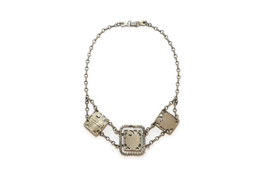 McCLELLAND BARCLAY Sterling Silver Repoussé Art Deco Heart and Flower Necklace