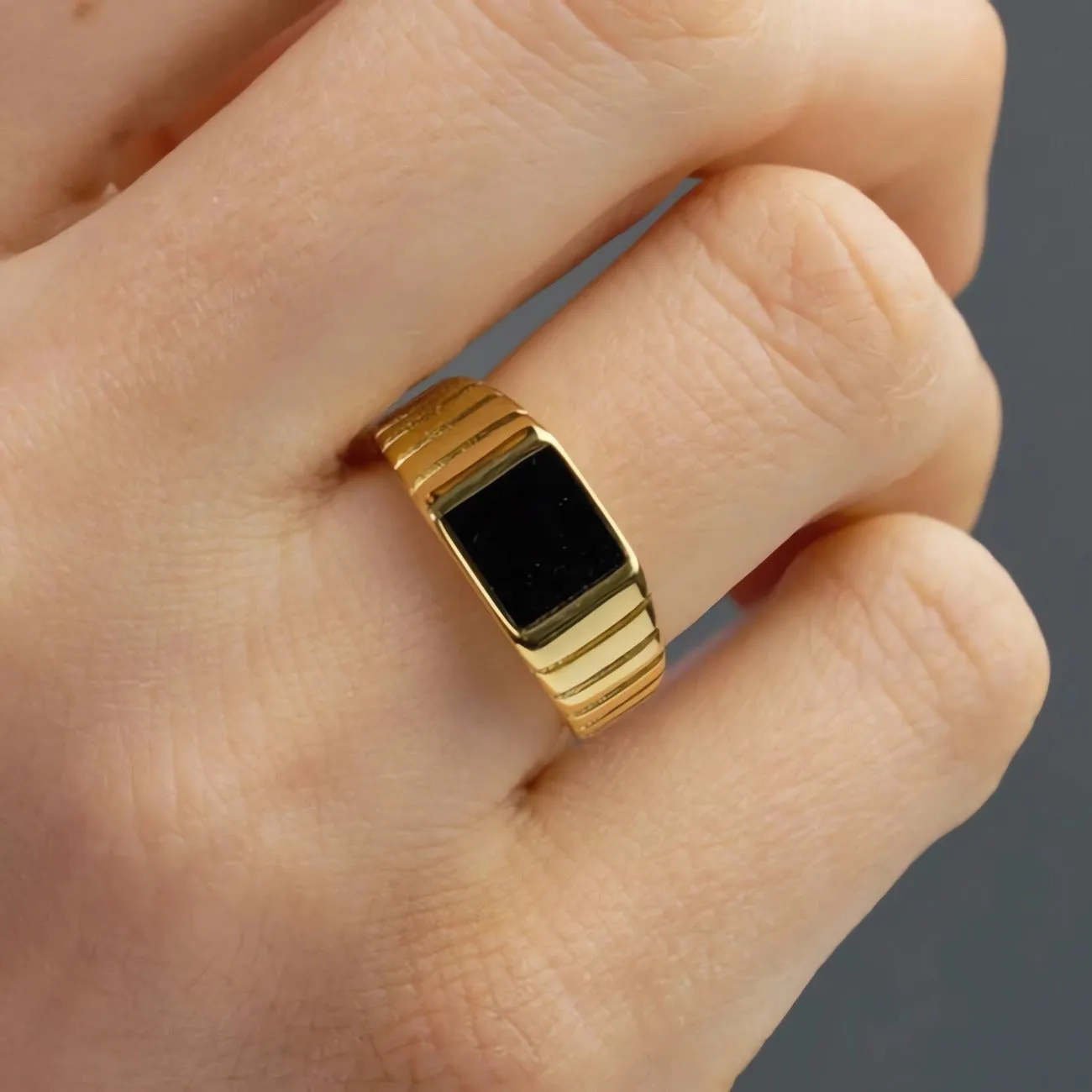 Modern Ribbed Black Enamel Square Signet Ring