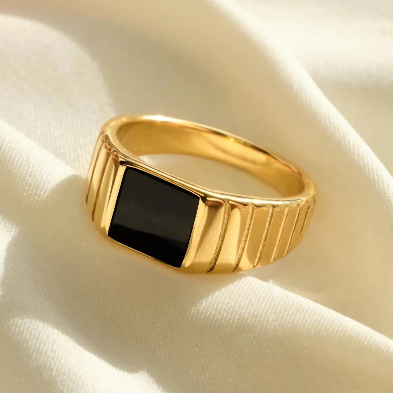 Modern Ribbed Black Enamel Square Signet Ring