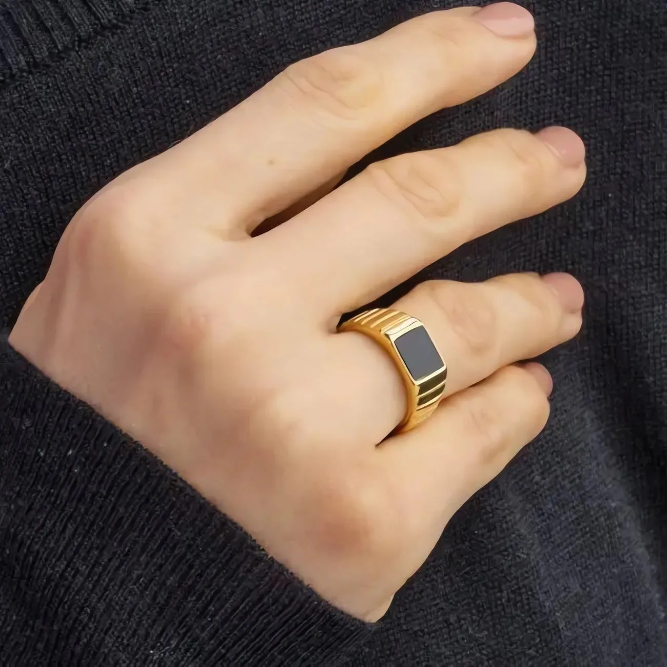 Modern Ribbed Black Enamel Square Signet Ring