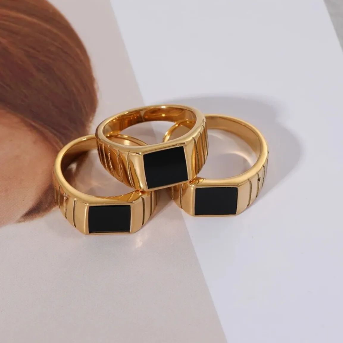 Modern Ribbed Black Enamel Square Signet Ring