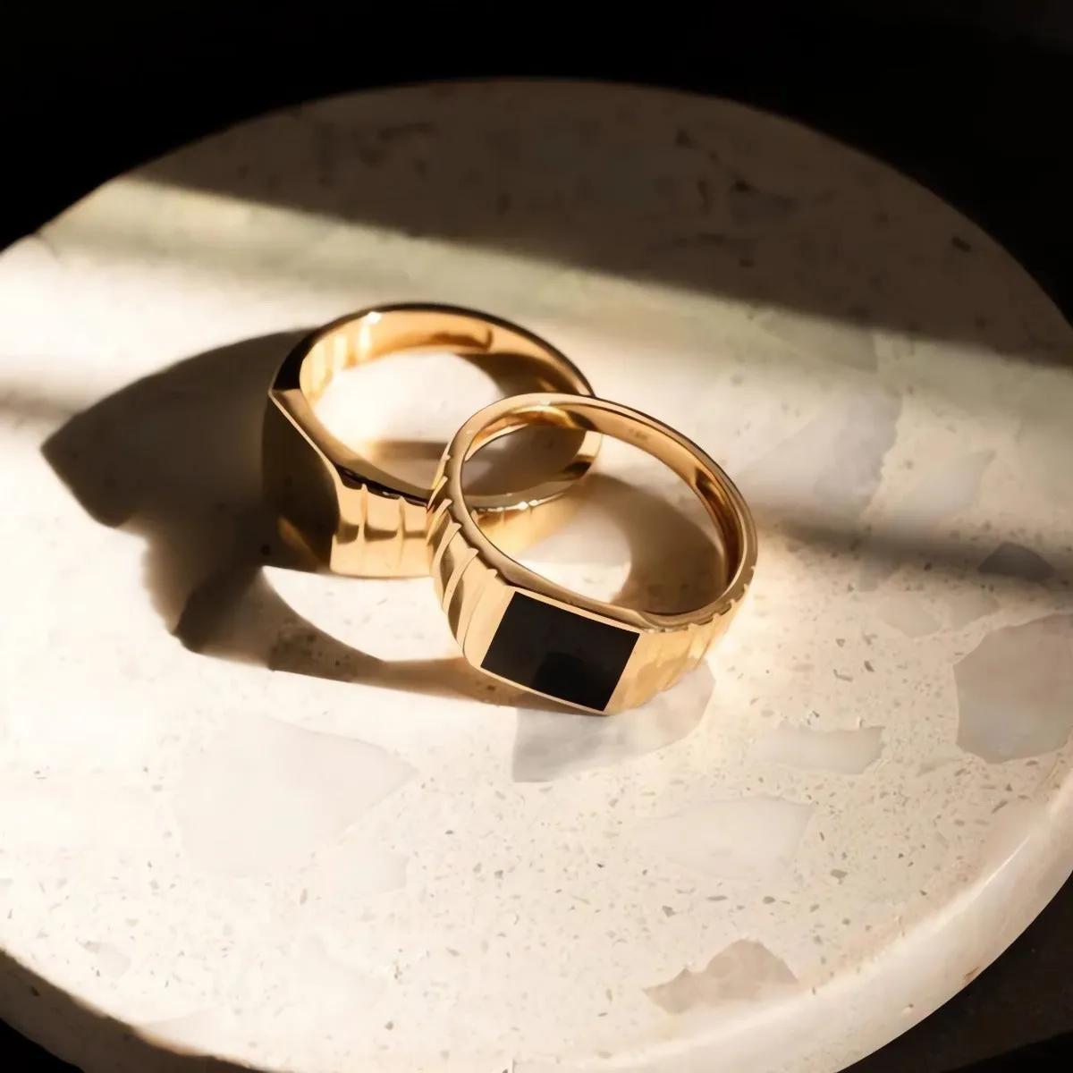 Modern Ribbed Black Enamel Square Signet Ring